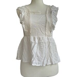 Women's White Ruffle Sleeve Lace Trim Tie Back Peplum Babydoll Top Boho Festival